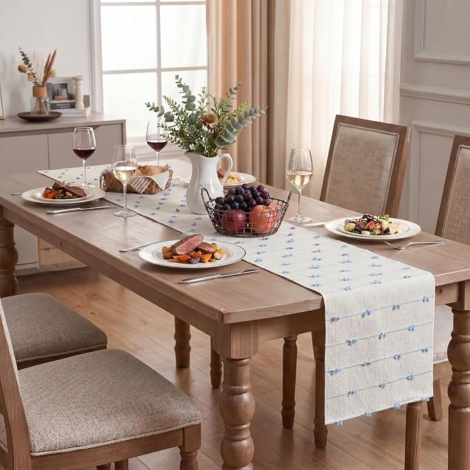Artoid Mode Sky Blue Boho Farmhouse Cotton Woven Table Runner, Seasonal Summer - Image 5
