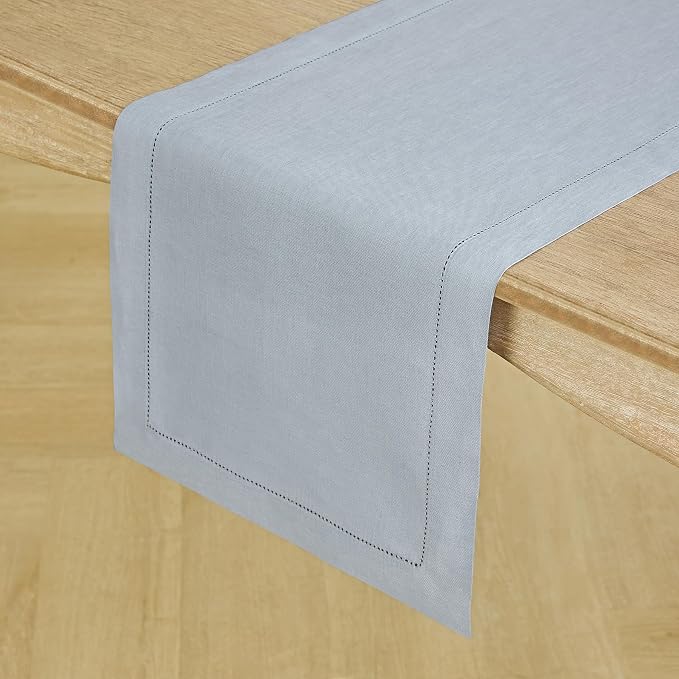 Solino Home 100% Pure Linen Table Runner Blue, Classic Hemstitch 14 x 48 in | - Image 2
