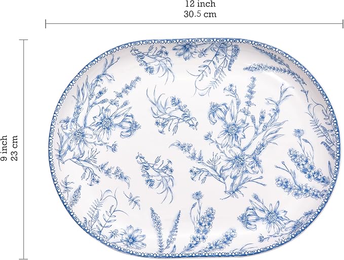 Bico Blue Garden Toile De Jouy 16 plus 12 inch Oval Platters Set, Microwave and - Image 3