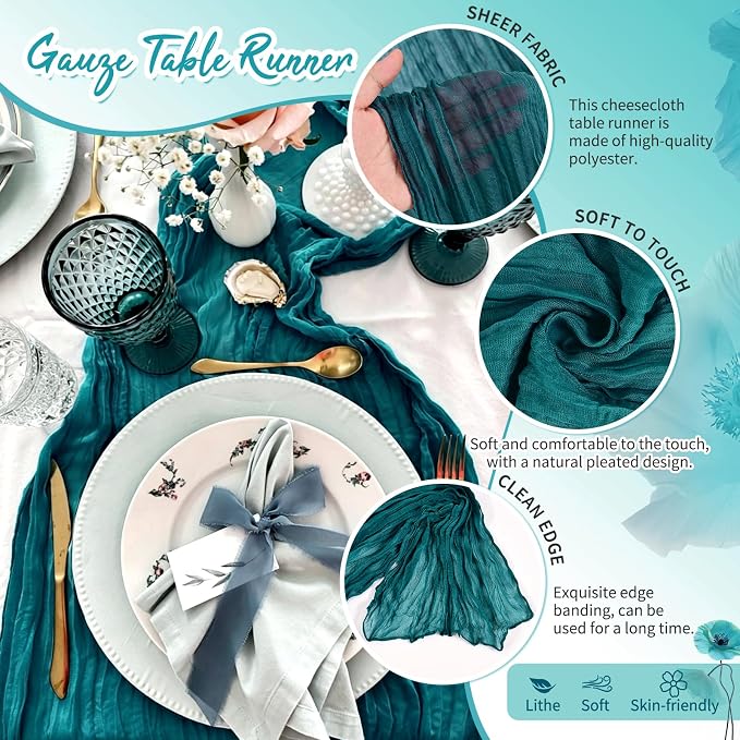 Showgeous 4 Pack Teal Cheesecloth Table Runner, 17 x 108 Inches | Boho - Image 3