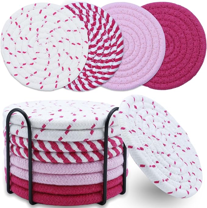 8 Pcs Drink Coasters with Holder, Minimalist Cotton Woven Coaster Set, 4 Colors by Unknown