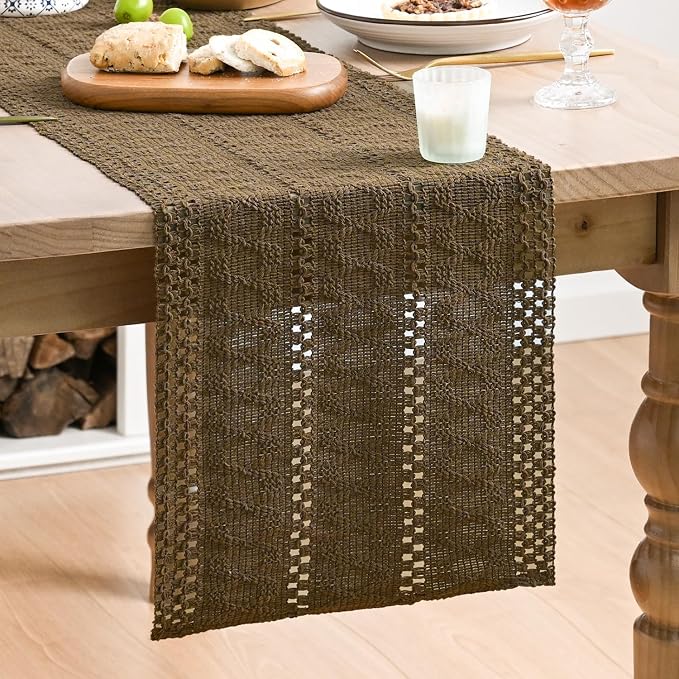 Artoid Mode Coffee Woven Farmhouse Hollow Table Runner 12x90 Inch | Holiday - Image 2
