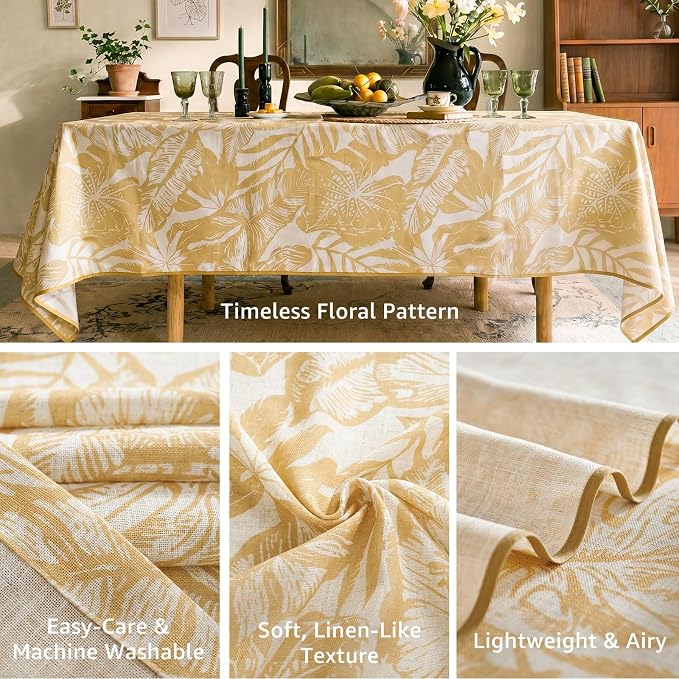 jinchan Yellow Tropical Floral Linen Rectangle Table Cloth 50x70 | Bright - Image 3