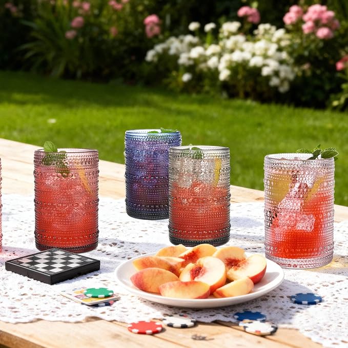 Amber Hobnail Drinking Glasses Set of 6, 15 oz Vintage Highball Glasses - Image 6