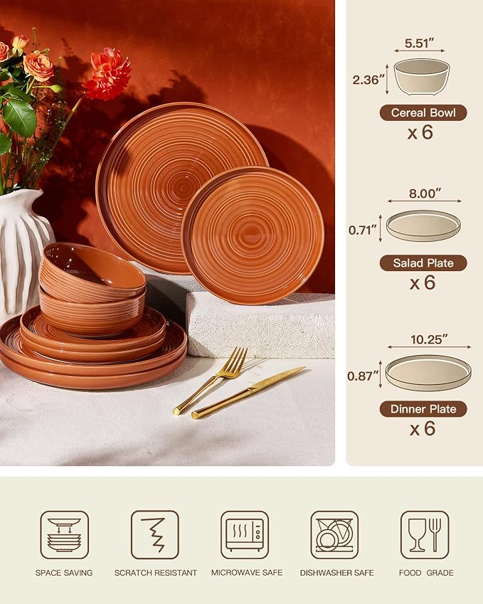 Dinnerware Set for 6, Ceramic Plates and Bowls, Terracotta | 18-Piece Ceramic - Image 6