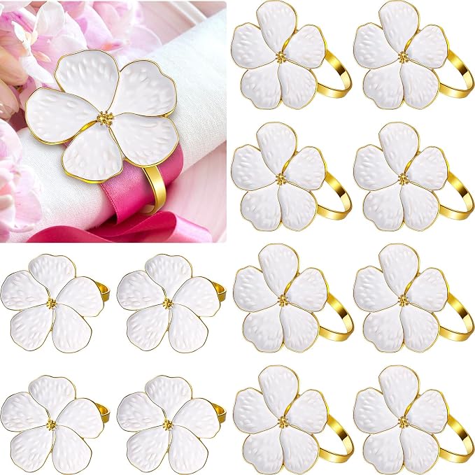 Patelai Set of 6 White Flower Napkin Rings Bulk Gold Napkin Ring Holders | by Patelai