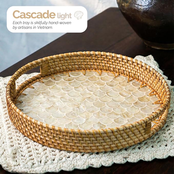 JUNGLE CULTURE Round Rattan Tray Mother of Pearl Inlay • Cascade Light 14" | - Image 4