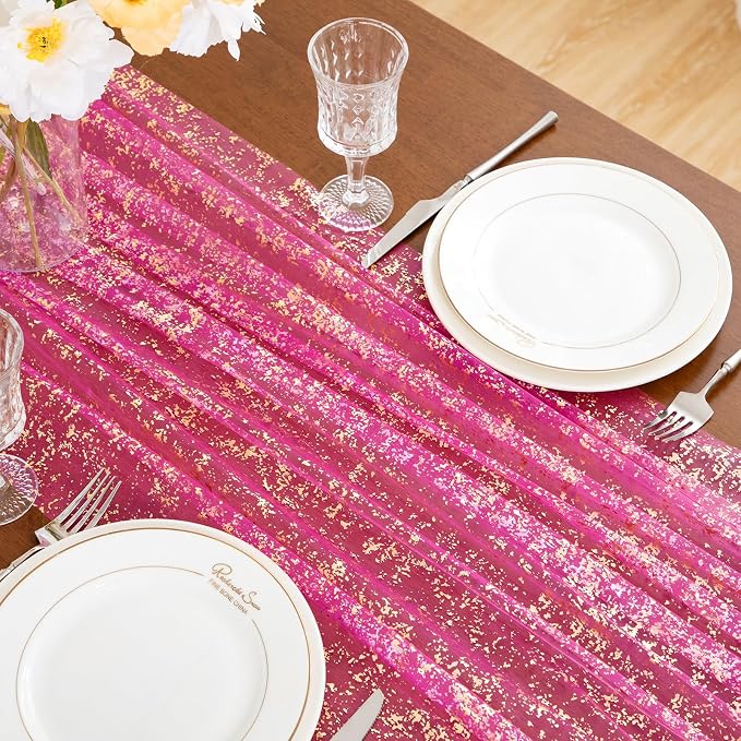 SiinvdaBZX Hot Pink Sheer Tulle Table Runner 120 Inch/10 Ft Long | Gauze Sequin - Image 6