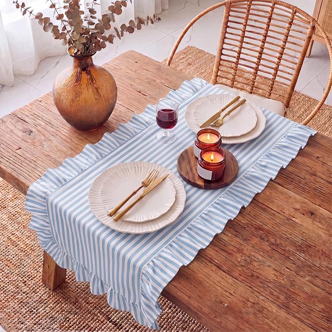 HunnmingRe Ruffle Trim Boho Table Runner Farmhouse Rustic Stripes Scalloped - Image 6