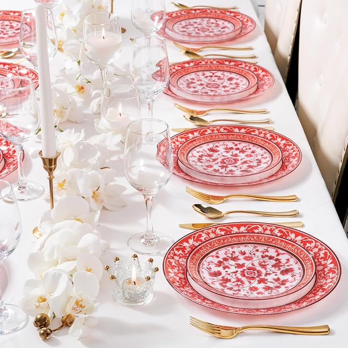 Red Plastic Plates, Fancy Disposable Pates, 10.25" dinner & 7.5" dessert plates - Image 2