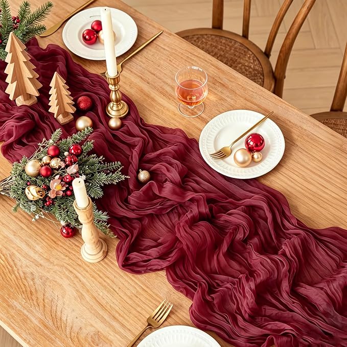 3Pcs Burgundy Table Runner, 10FT Boho Rustic Burgundy Maroon Table Runner - Image 2
