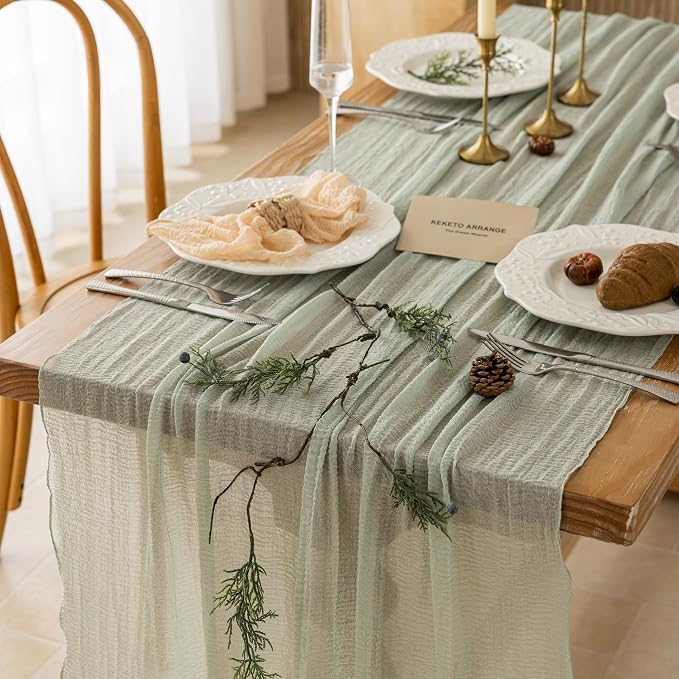 2Pcs Sage Green Cheesecloth Table Runner 120 Inches by KEKETOARRANGE