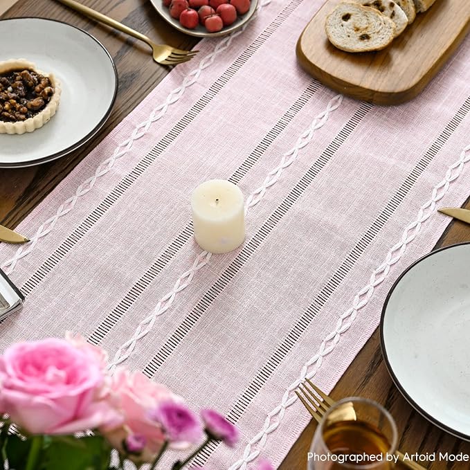 Artoid Mode Pink Rustic Cotton Linen Table Runner, Seasonal Embroidered Hollow - Image 4