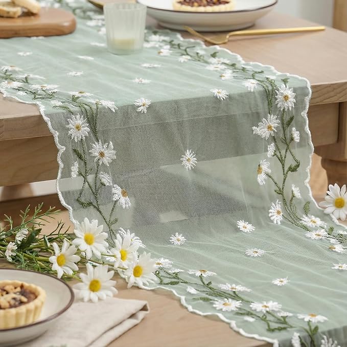 Artoid Mode Daisy Floral Sage Green Shaped Gauze Embroidery Table Runner 120 - Image 6