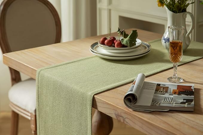Burlap Style Farmhouse Table Runner, 14x90 Inches Light Sage Green | Thick - Image 4