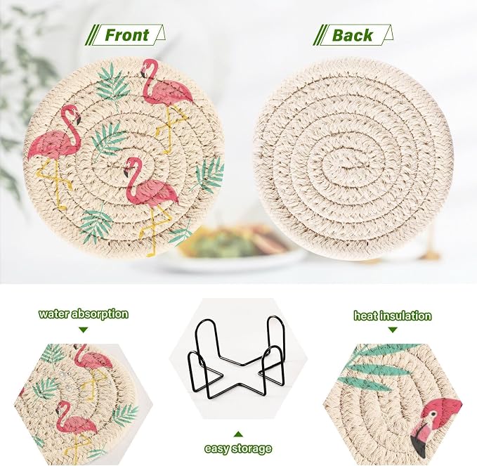 Tropical Flamingos Leaves White Print Coasters - Image 4