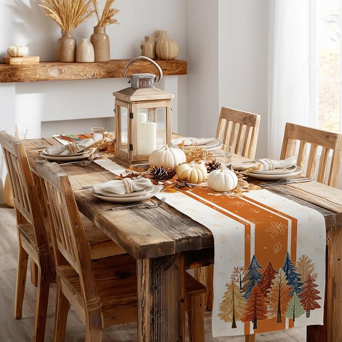 Fall Watercolor Tree & Maple Leaves Striped Table Runner 13x36 Inch, Rustic - Image 8