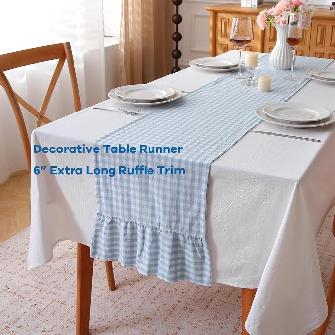 Light Blue White Plaid Gingham Ruffle Table Runner 108 inches Long 100% Washed - Image 3