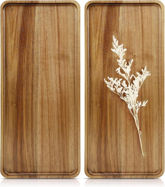 2 pcs15.7" x 7" Large Solid Acacia Wood Serving Tray Rectangular Wooden Serving by focusonwoodandbamboo