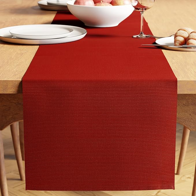 Encasa XO Table Runner, Yarn Dyed Ribbed Cotton 13"x98" | Solid Red, 12-Ply by EncasaXO