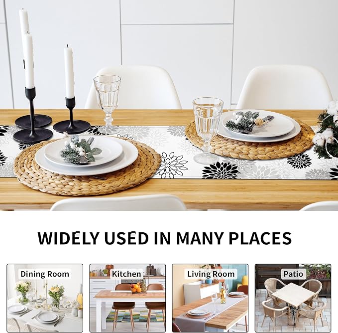 Dahlia Flower Table Runner 13x36 Inch Farmhouse Black Gray Runners Modern Table - Image 3