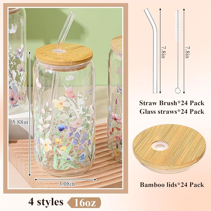 Mumufy 24 Pack Wildflower Glass Cups Gift Aesthetic Cute Glass Cup Tumbler - Image 2