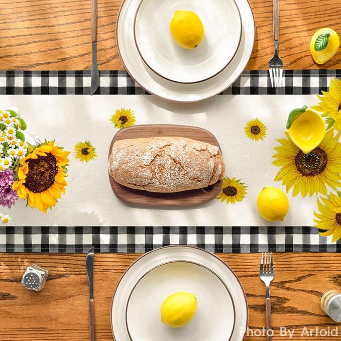 Artoid Mode Buffalo Plaid Sunflower Vase Sunshine Summer Table Runner, Spring - Image 3