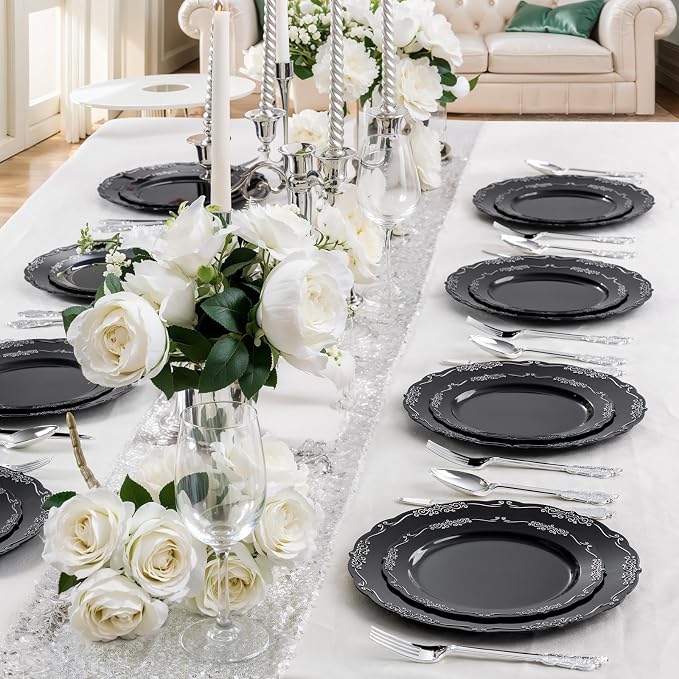 DaYammi 60PCS Black and Silver Plastic Plates, Heavy Duty Black and Silver - Image 6