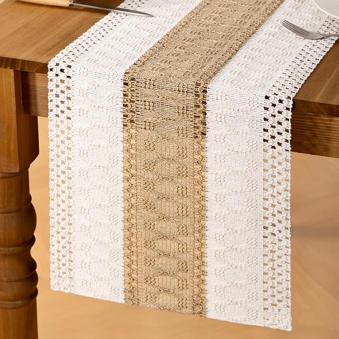 Ivory & Burlap Boho Table Runner Farmhouse Woven Table Runner 12x48 Inch | - Image 4