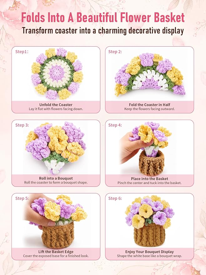 Crochet Flower Bouquet Coasters, Cotton Tulip Gifts - Image 3