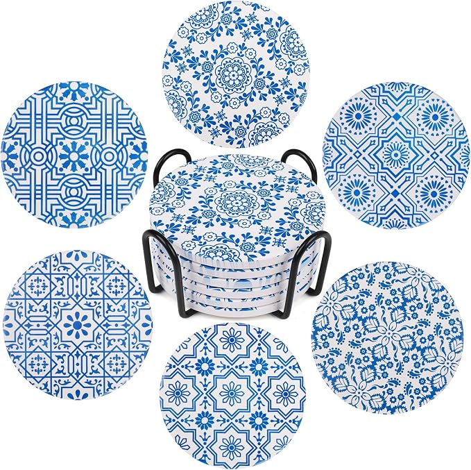 Coasters with Holder, Absorbent Coaster Sets of 6 by CLOVER