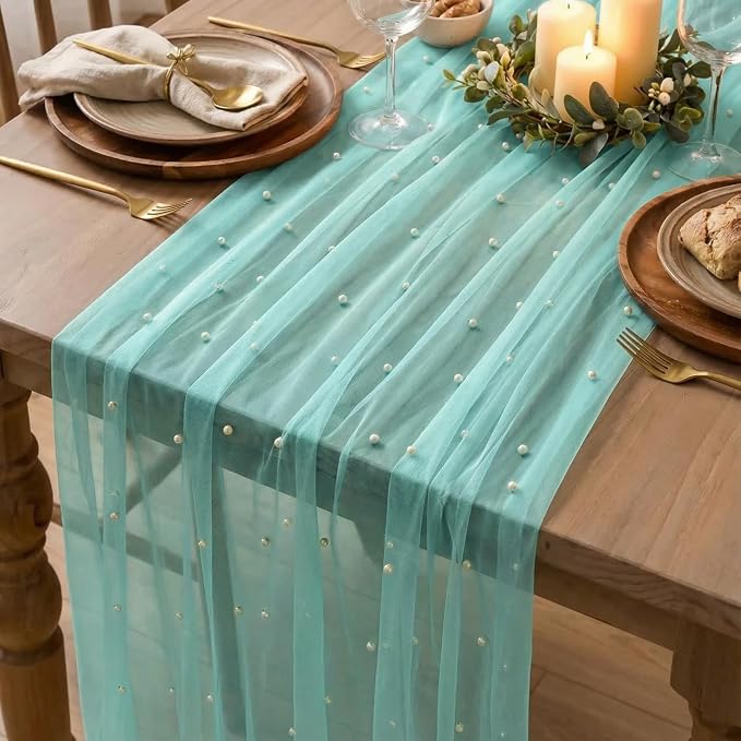 Artoid Mode 6PCS Pearl Turquoise Gauze Table Runner 120 Inch 10FT, Seasonal - Image 4