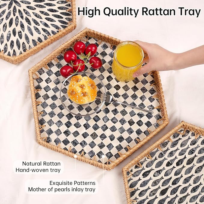Hexagon Rattan Tray with Mother of Pearl Inlay, Rattan Serving Tray - Image 2