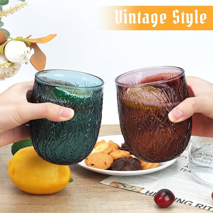 Topsky Vintage Drinking Glass Set of 4, 12 oz Embossed Willow Leaf Drinkware Set - Image 6