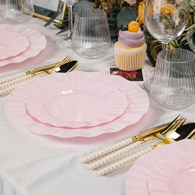 60 Pcs Pink Plates, Wave Edge Design Disposable Plastic Plates | Disposable - Image 5