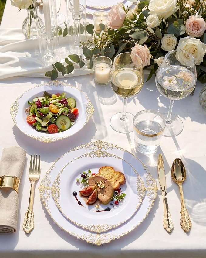 Nervure 175Pcs White and Gold Plastic Plates, Dinnerware Set - Image 6