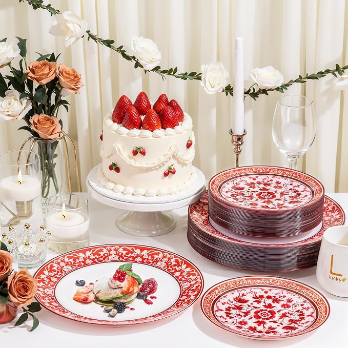 Red Plastic Plates, Fancy Disposable Pates, 10.25" dinner & 7.5" dessert plates - Image 8