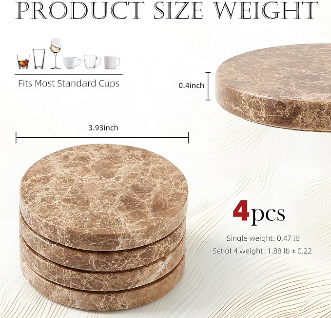 Natural Marble Coaster Set of 4.Round Drinks Coasters, Non-Ceramic/Non-Resin | - Image 2