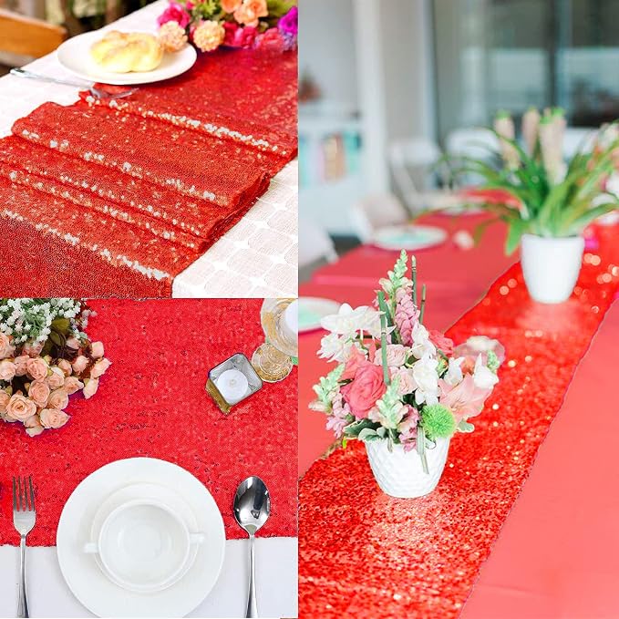 12 Packs 12 X 108 Inch Red Sequin Table Runner Glitter Dining Table Runner - Image 9