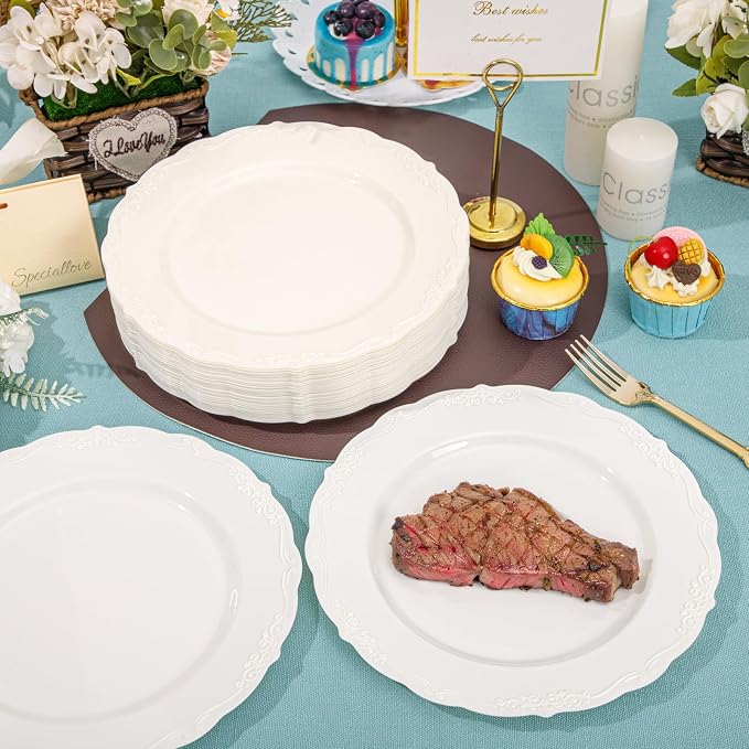 DaYammi 60PCS Ivory Plastic Plates, Fancy Plastic Plates Disposable Heavy Duty - Image 3