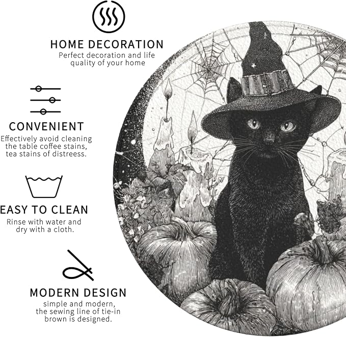 Halloween Cat Coasters Leather Round Drink Coasters 6 Pcs Set - Image 3
