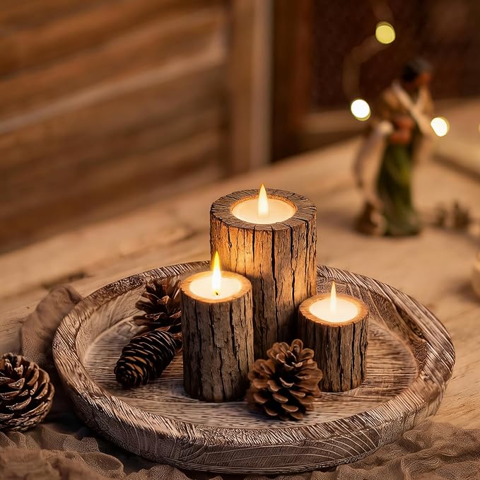 Hanobe Round Wood Candle Holder Tray, Rustic Coffee Table Centerpiece Decor | - Image 8