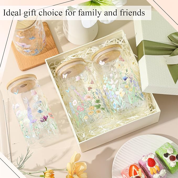 Mumufy 24 Pack Wildflower Glass Cups Gift Aesthetic Cute Glass Cup Tumbler - Image 6