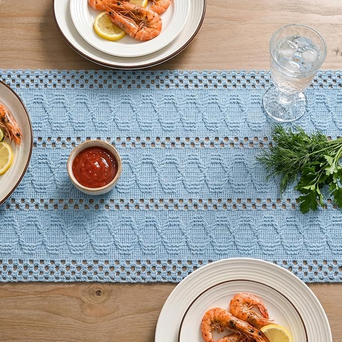 Artoid Mode Sky Blue Woven Farmhouse Hollow Table Runner 12x120 Inch | Holiday - Image 4