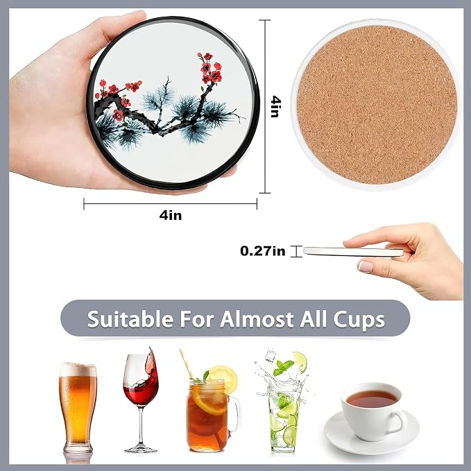 Drink Coasters Set of 6 with Holder, Japanese Cherry Blossom and Fujiyama - Image 2