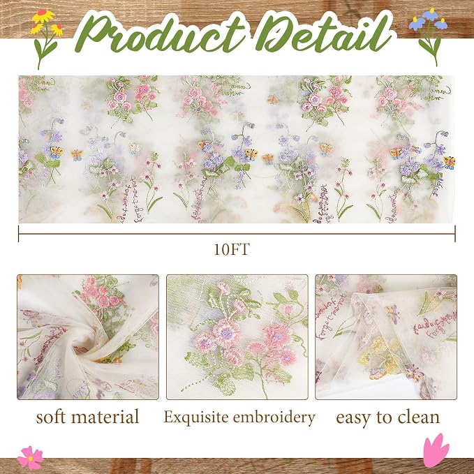 Ivory White Floral Table Runner 10ft Embroidery Tulle Spring Wildflower Table - Image 2