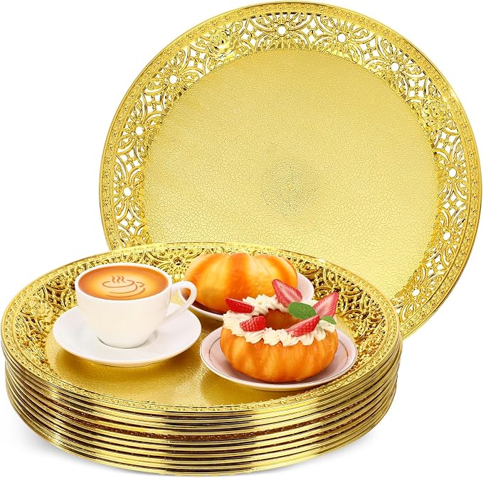 10 Pack Gold Plastic Serving Tray Bulk Lightweight Round Party Snack Serving by Unknown