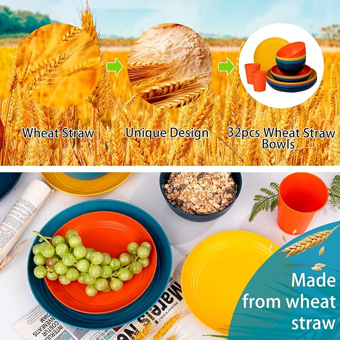 32-Piece Unbreakable Wheat Straw Dinnerware Set, Service - Image 3