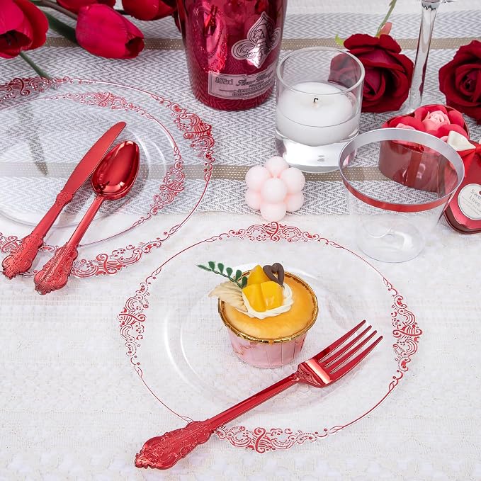 350 Pcs Clear Red Plates for Party | Red Party Plates Set for 50 Guests - Image 7