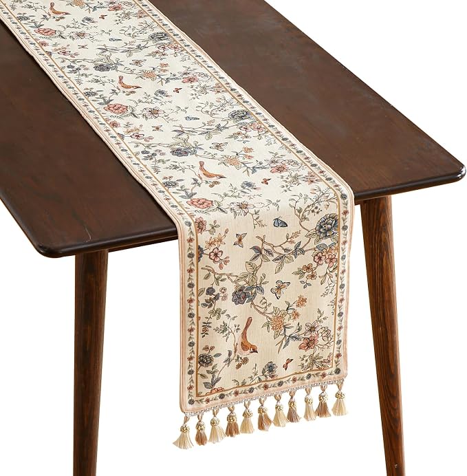 Designer French Linen Long Table Runner, Floral Bird Pattern, Dining Table by Isaennehomedecoration